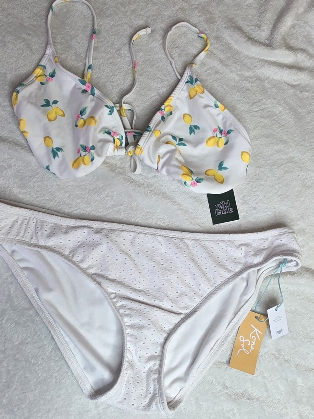 Wild Fable White Lemon Print Triangle Bikini Top & Kona Sol  Eyelet  Bottom Sz L